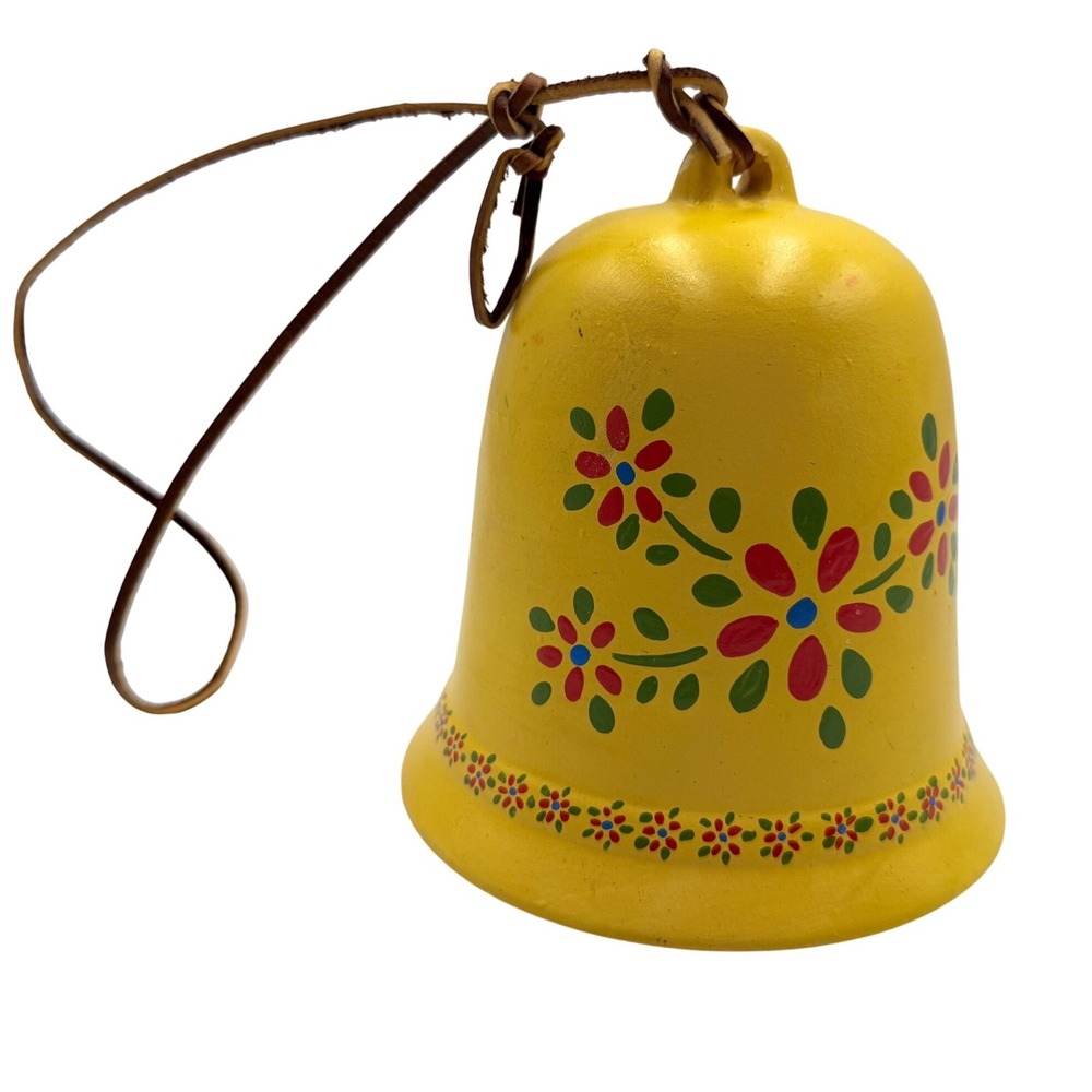 Ceramic Decorative Bell Yellow Floral Folk Art Leather Strap 5.5in